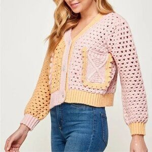 Zara Pink & Yellow Colorblock Crocheted Cardigan Jeweled Button Puff Sleeve Sz S
